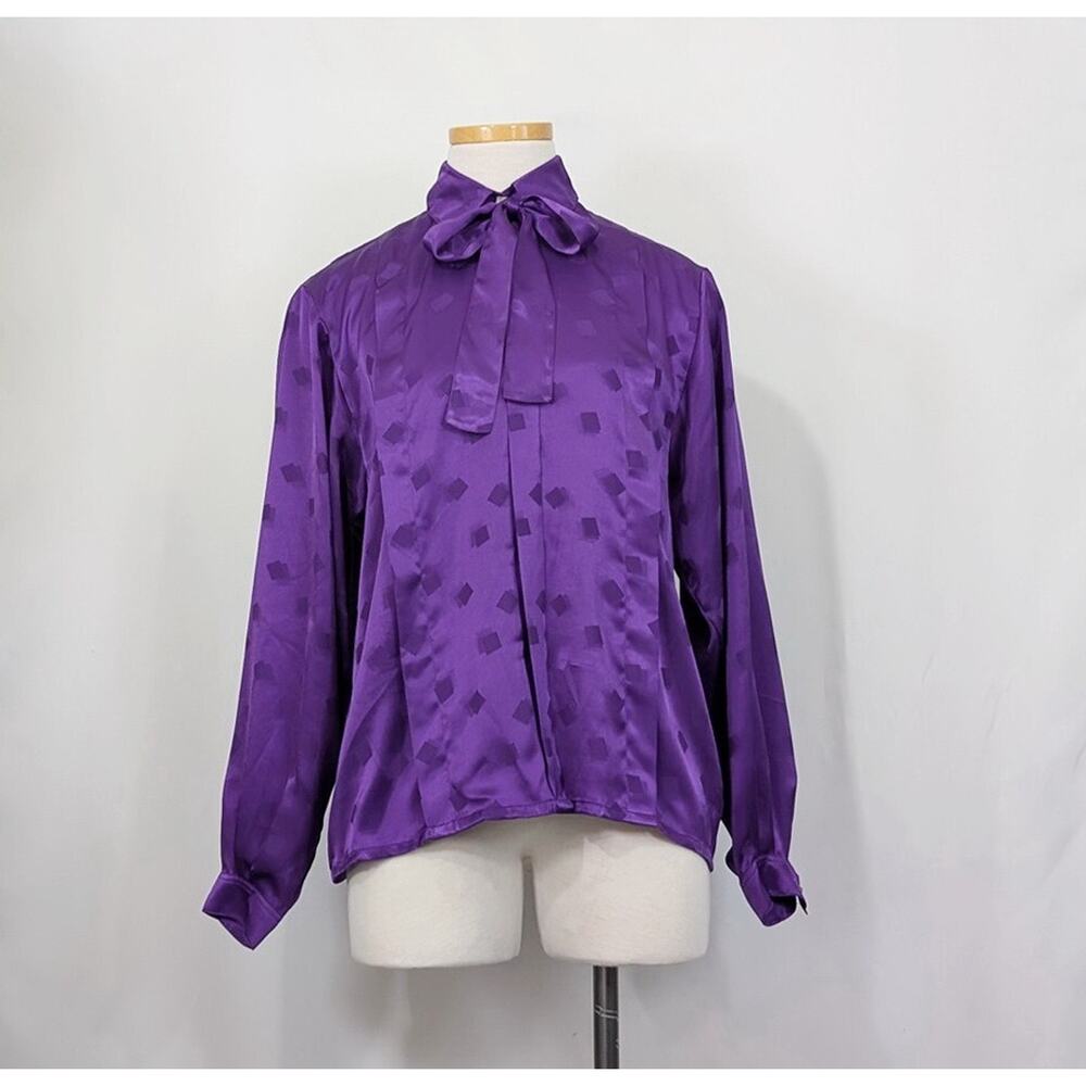 Vintage 80s Blouse Purple Secretary Bow Satin Women's Size 34 M Jaeger